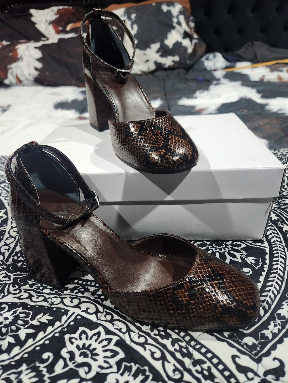 Rebecca Minkoff brown Snake-Print Ankle-Strap Block Heel Pumps